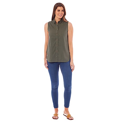 Charlotte West Linen Ladies Sleeveless Top (Size 12) - Khaki