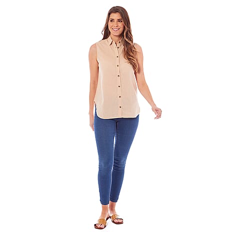 Charlotte West Linen Ladies Sleeveless Top (Size 16) - Beige