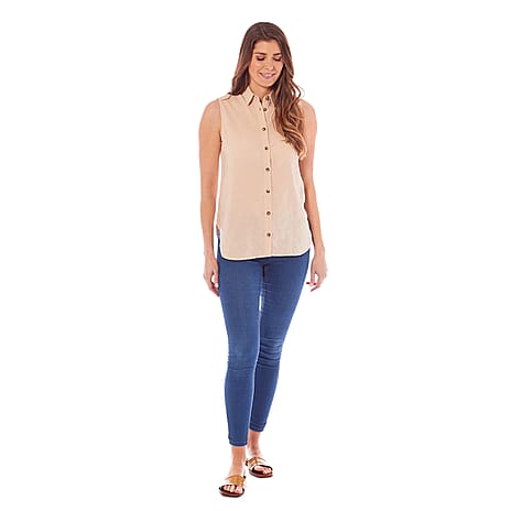 Charlotte West Linen Ladies Sleeveless Top (Size 16) - Beige
