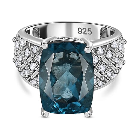 Belgian Teal Fluorite & Natural Zircon Ring in Rhodium Overlay Sterling Silver 7.80 Ct, Silver Wt. 5.65 Gms