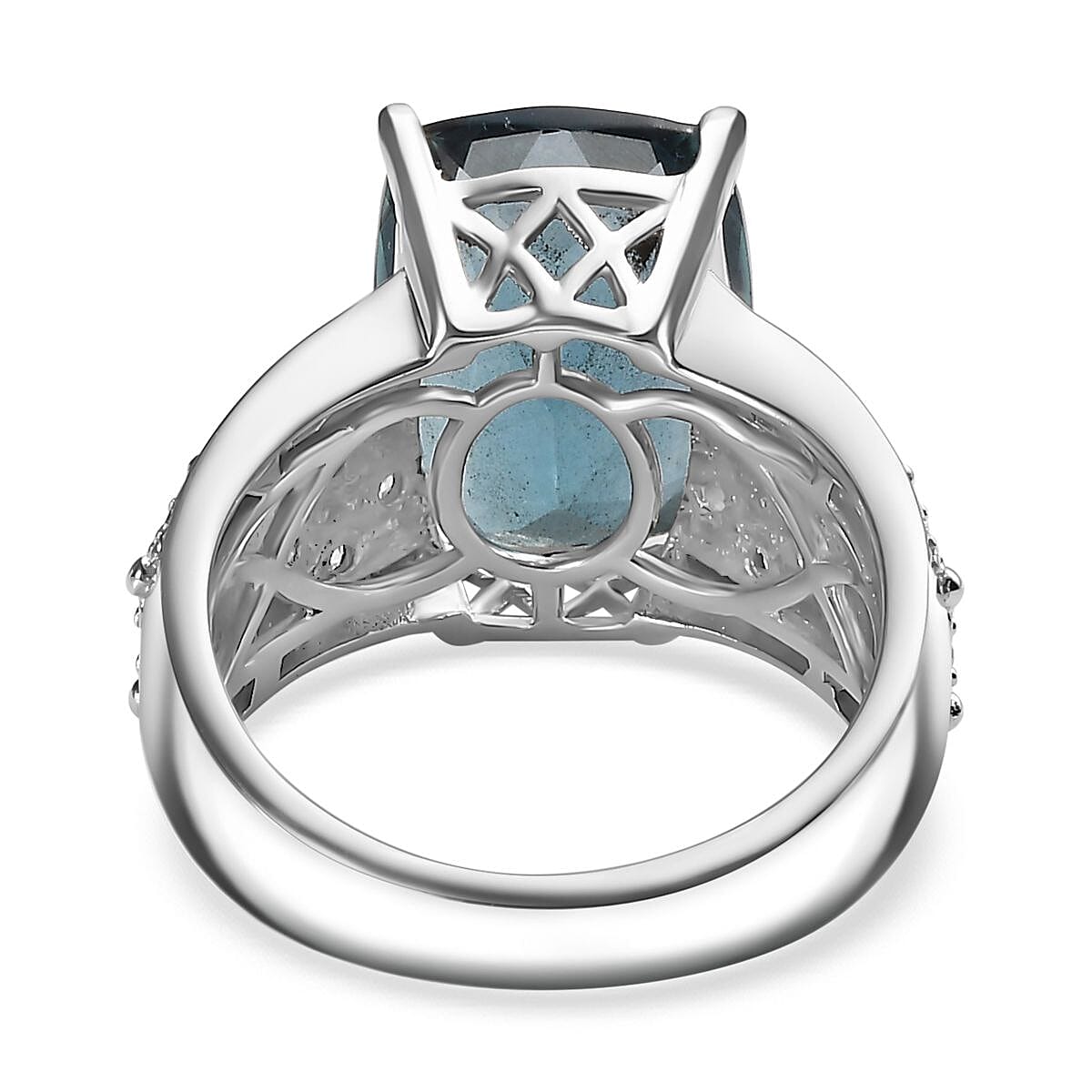 Teal Fluorite & Natural Zircon Ring in Rhodium Overlay Sterling Silver 7.80 Ct, Silver Wt. 5.65 Gms Teal Fluorite & Natural Zircon Ring in Rhodium Overlay Sterling Silver 7.80 Ct, Silver Wt. 5.65 Gms