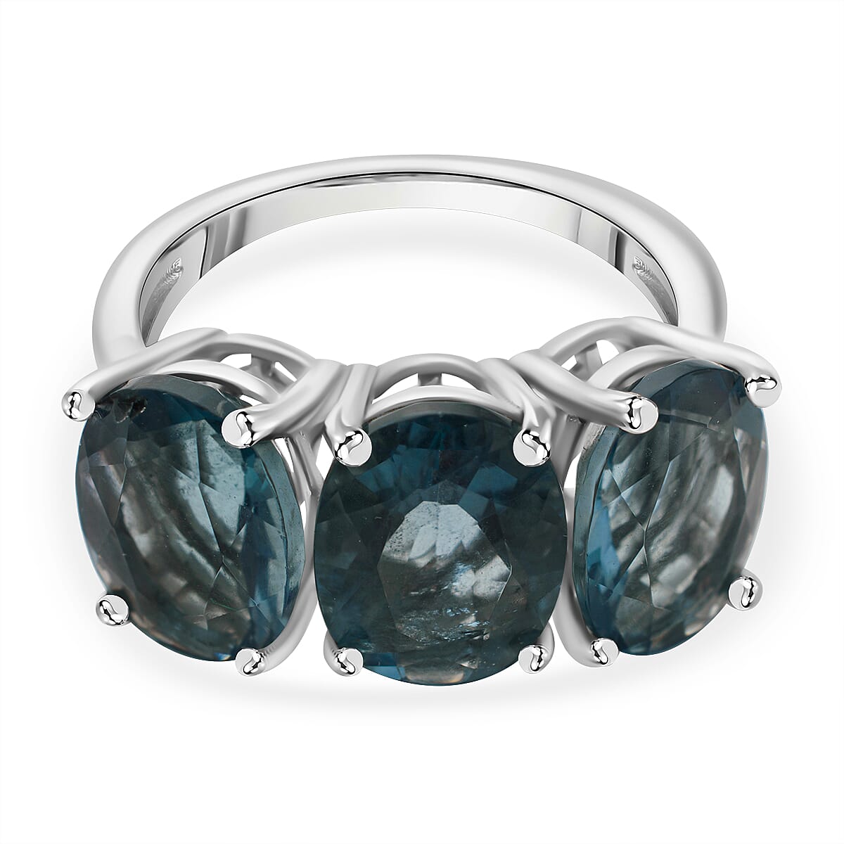 Teal Fluorite 3 Stone Ring in Rhodium Overlay Sterling Silver 6.50 Ct