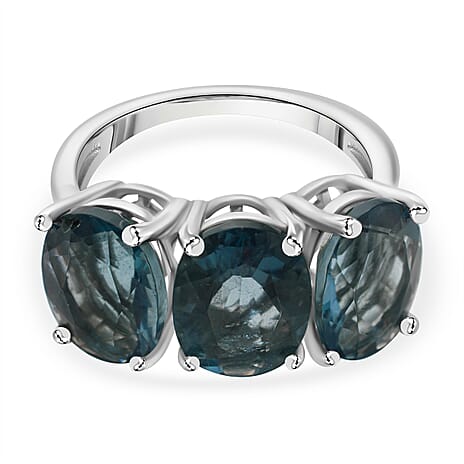 Teal Fluorite 3 Stone Ring in Rhodium Overlay Sterling Silver 6.50 Ct