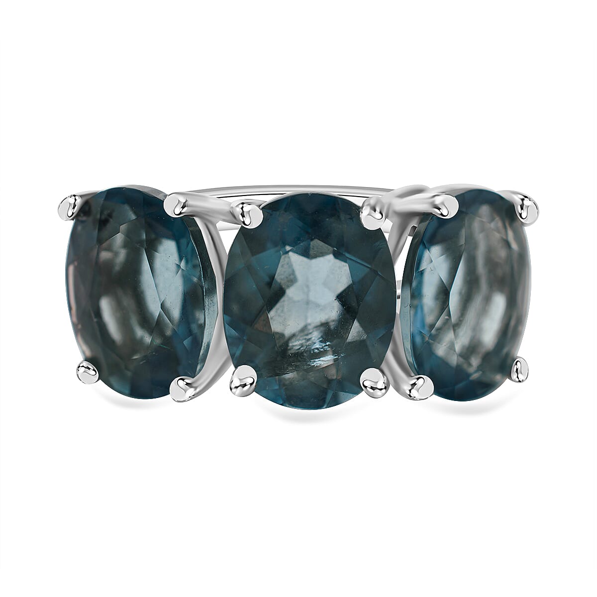 Teal Fluorite 3 Stone Ring in Rhodium Overlay Sterling Silver 6.50 Ct