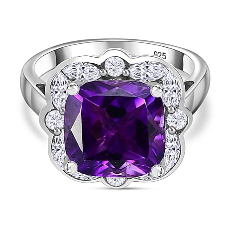 Moroccan Amethyst & Natural Zircon Ring in Rhodium Overlay Sterling Silver 5.652  Ct.