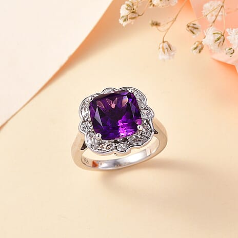 Moroccan Amethyst & Natural Zircon Ring in Rhodium Overlay Sterling Silver 5.652  Ct.