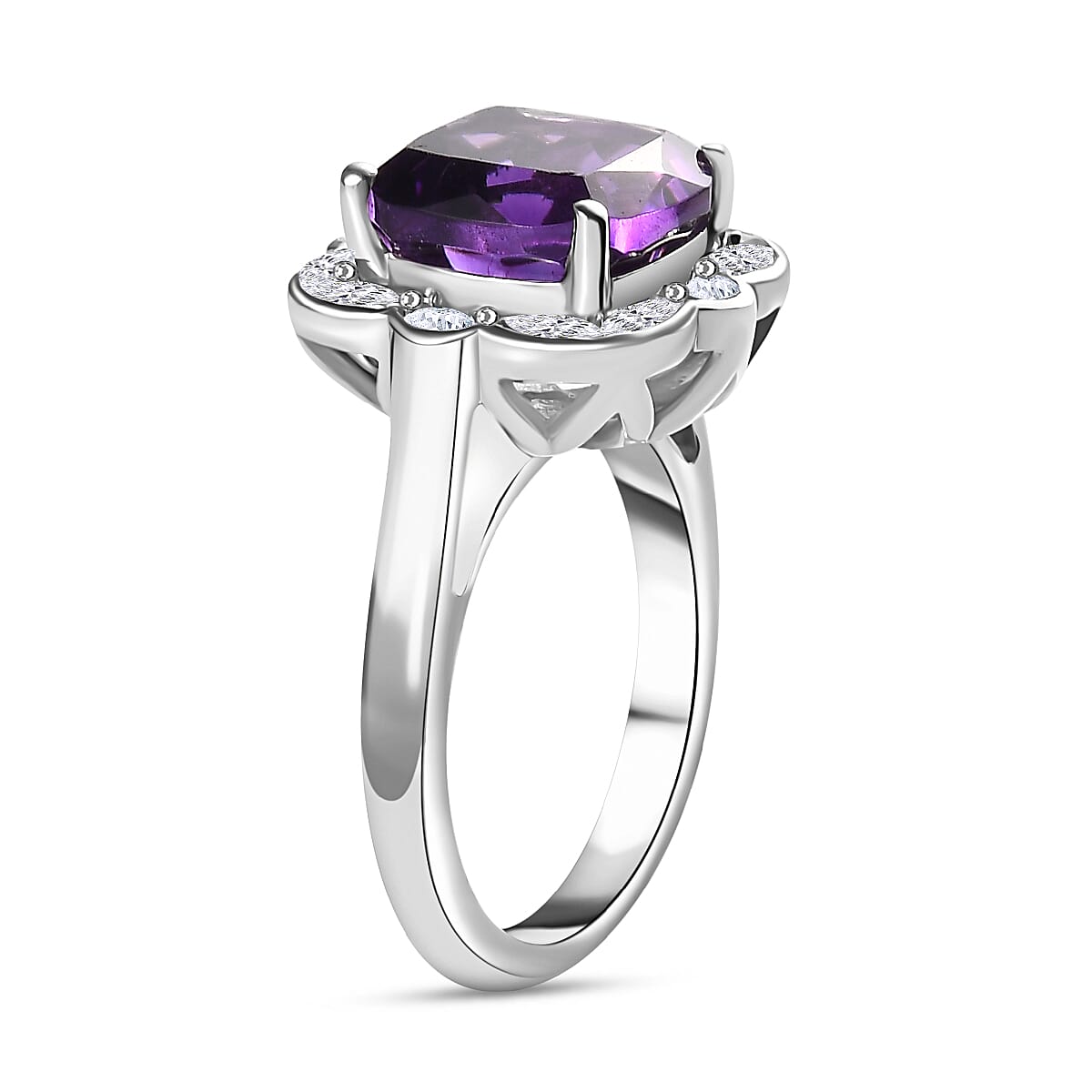 Moroccan Amethyst & Natural Zircon Ring in Rhodium Overlay Sterling Silver 5.652  Ct.
