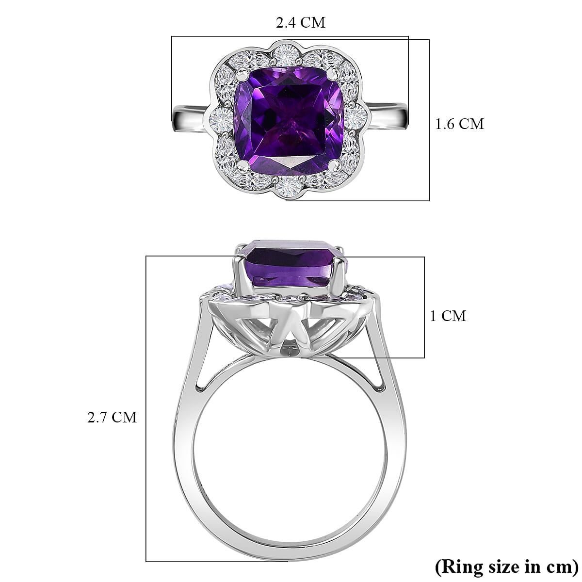 Moroccan Amethyst & Natural Zircon Ring in Rhodium Overlay Sterling Silver 5.652  Ct.