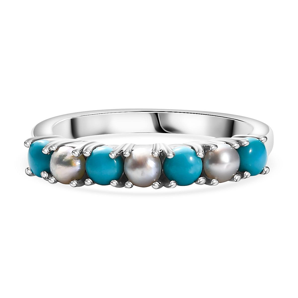 Arizona Sleeping Beauty Turquoise & Fresh Water Pearl Band Ring in Platinum Overlay Sterling Silver 1.03 Ct