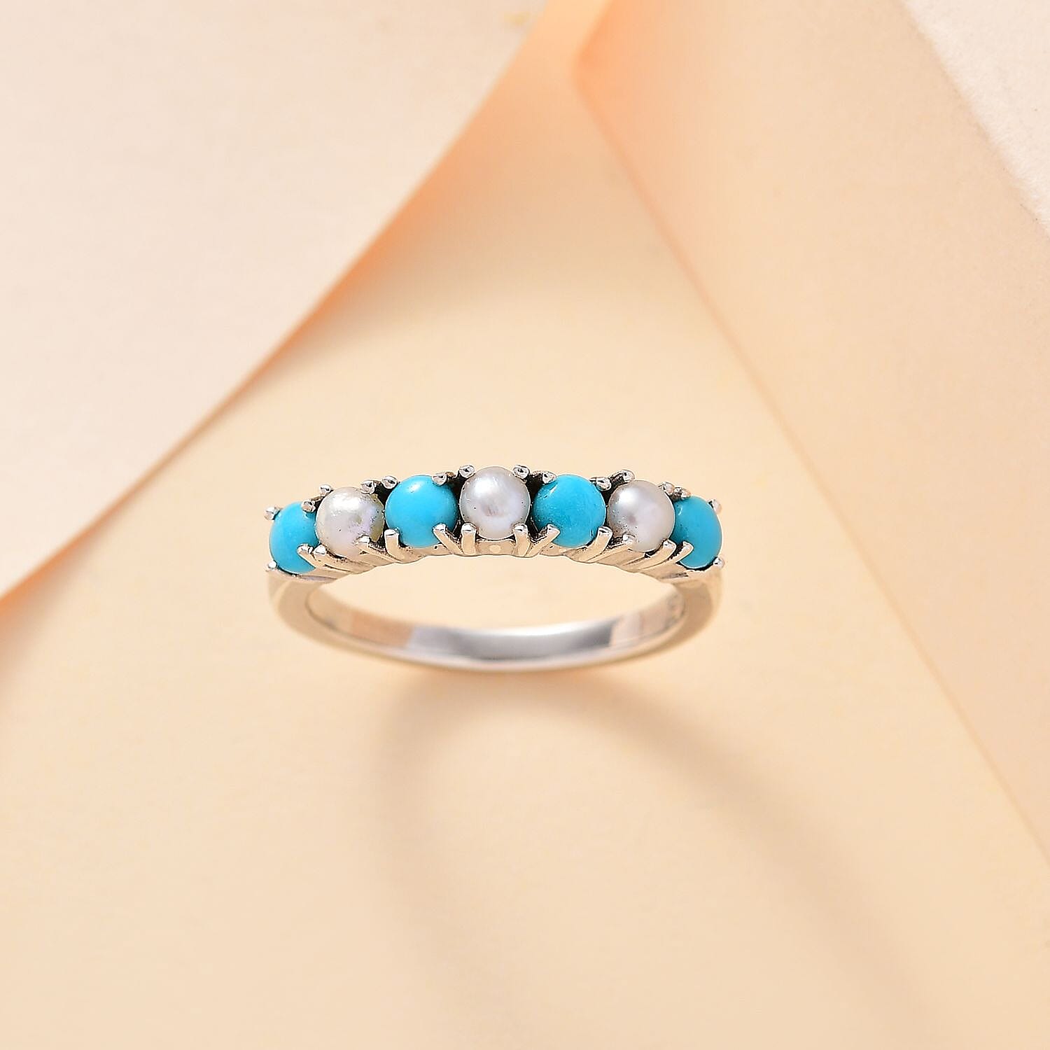 Arizona Sleeping Beauty Turquoise & Fresh Water Pearl Band Ring in Platinum Overlay Sterling Silver 1.03 Ct