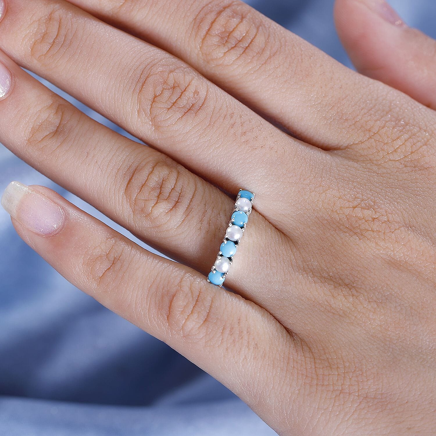 Arizona Sleeping Beauty Turquoise & Fresh Water Pearl Band Ring in Platinum Overlay Sterling Silver 1.03 Ct