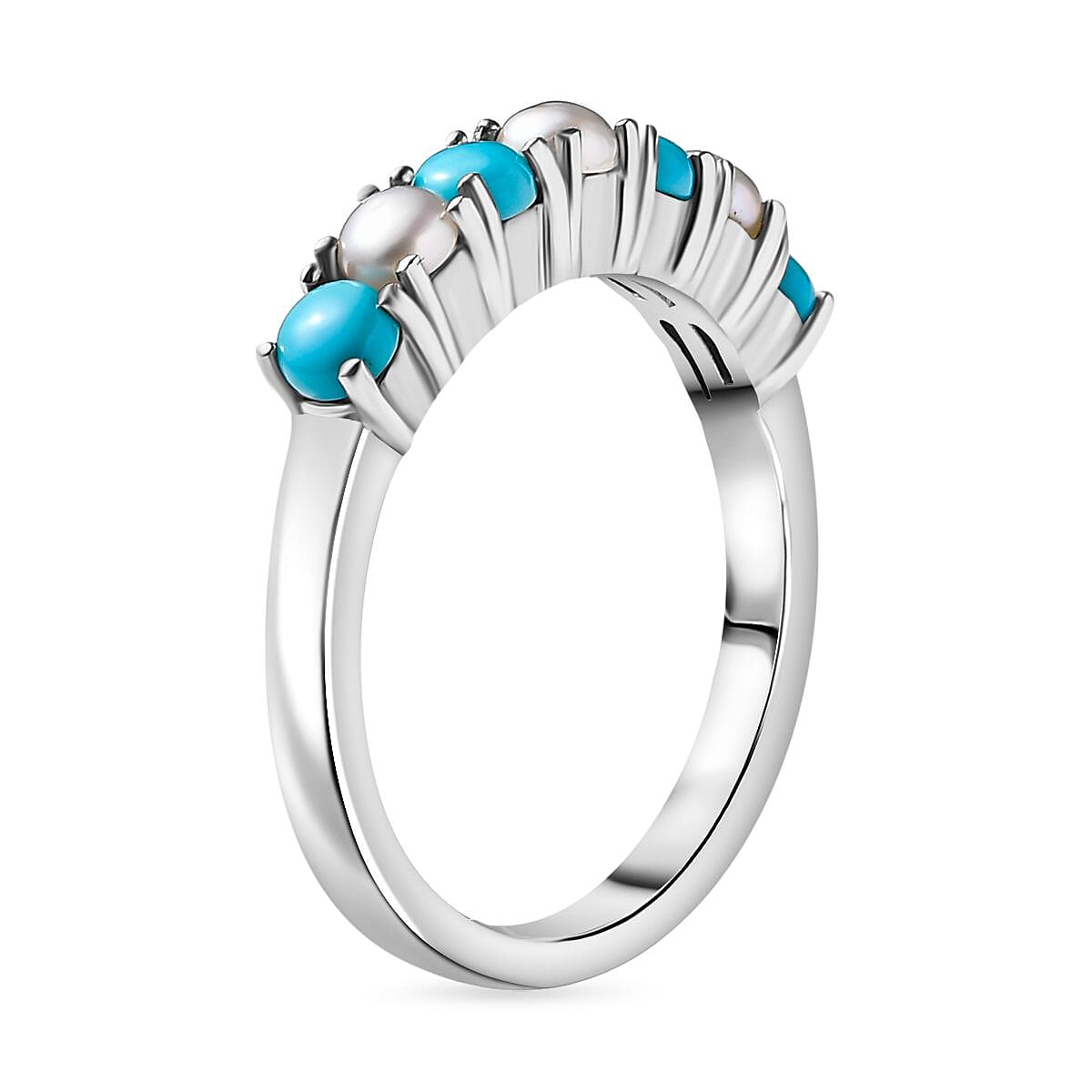 Arizona Sleeping Beauty Turquoise & Fresh Water Pearl Band Ring in Platinum Overlay Sterling Silver 1.03 Ct