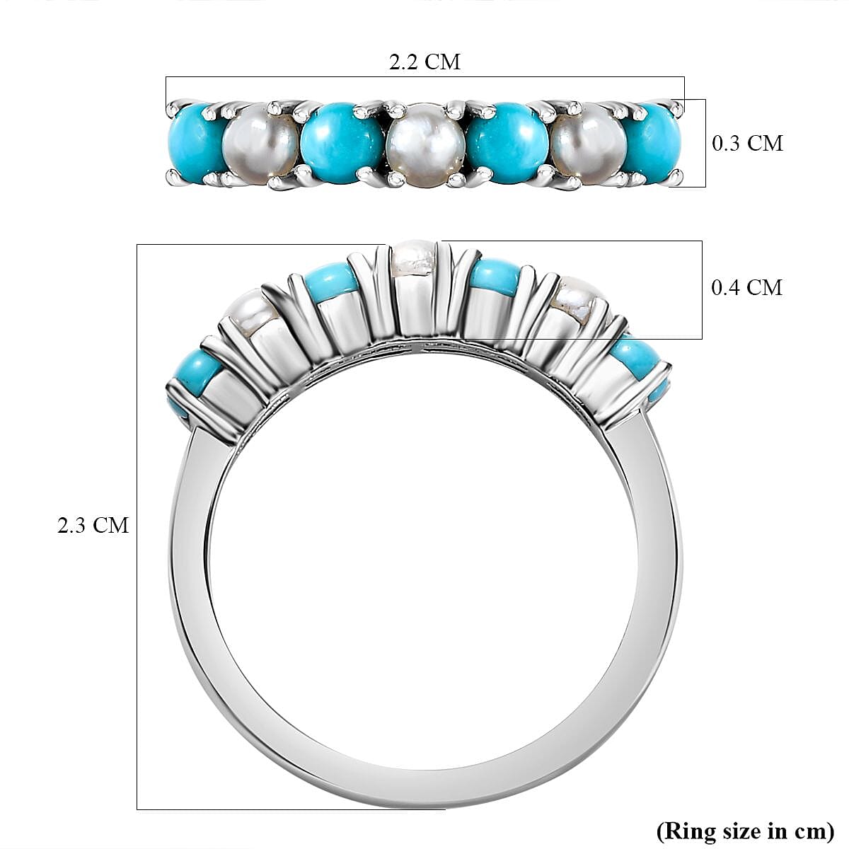 Arizona Sleeping Beauty Turquoise & Fresh Water Pearl Band Ring in Platinum Overlay Sterling Silver 1.03 Ct