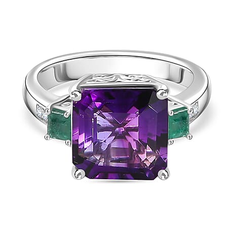 Moroccan Amethyst, Emerald & Moissanite Ring in Rhodium Overlay Sterling Silver