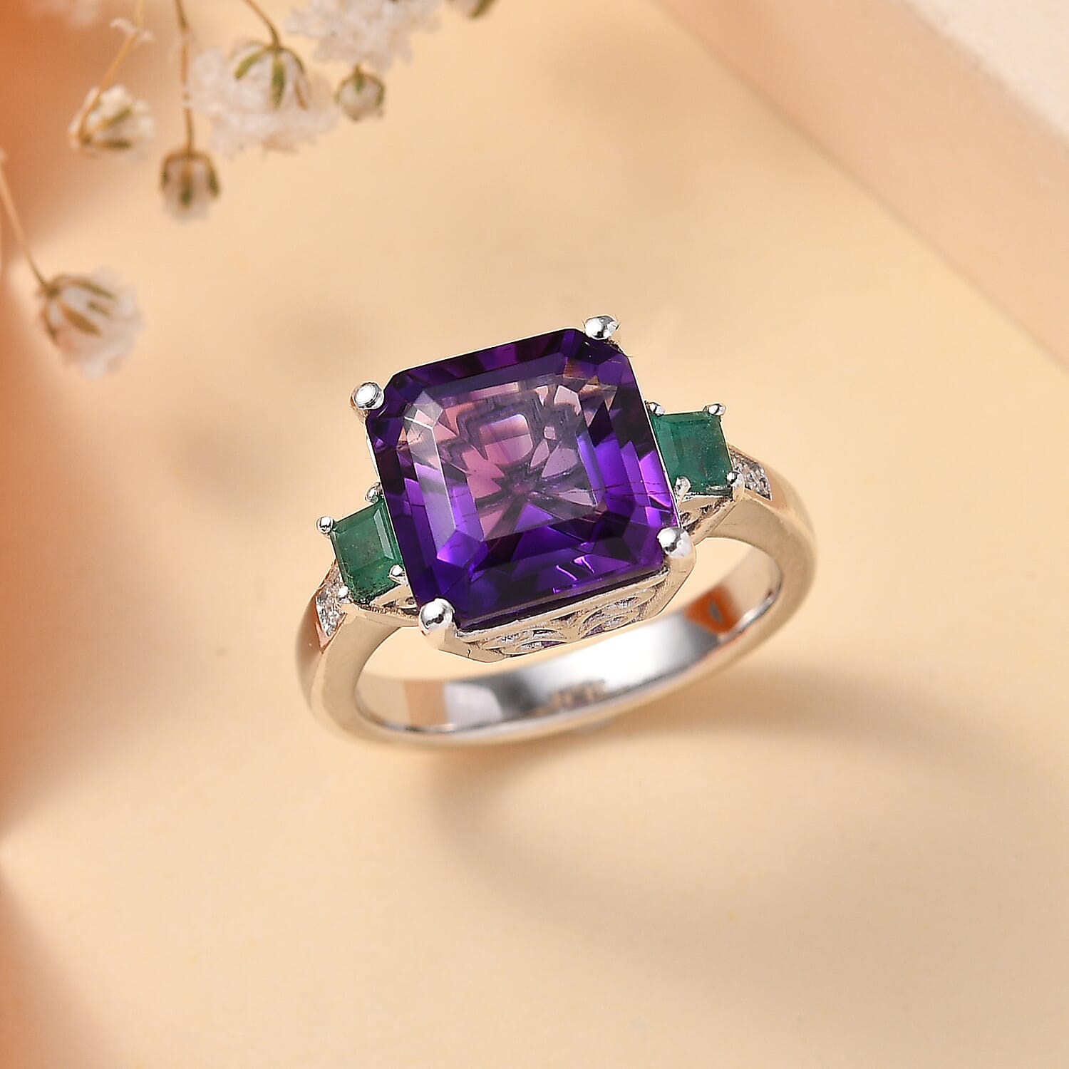 Moroccan Amethyst, Emerald & Moissanite Ring in Rhodium Overlay Sterling Silver