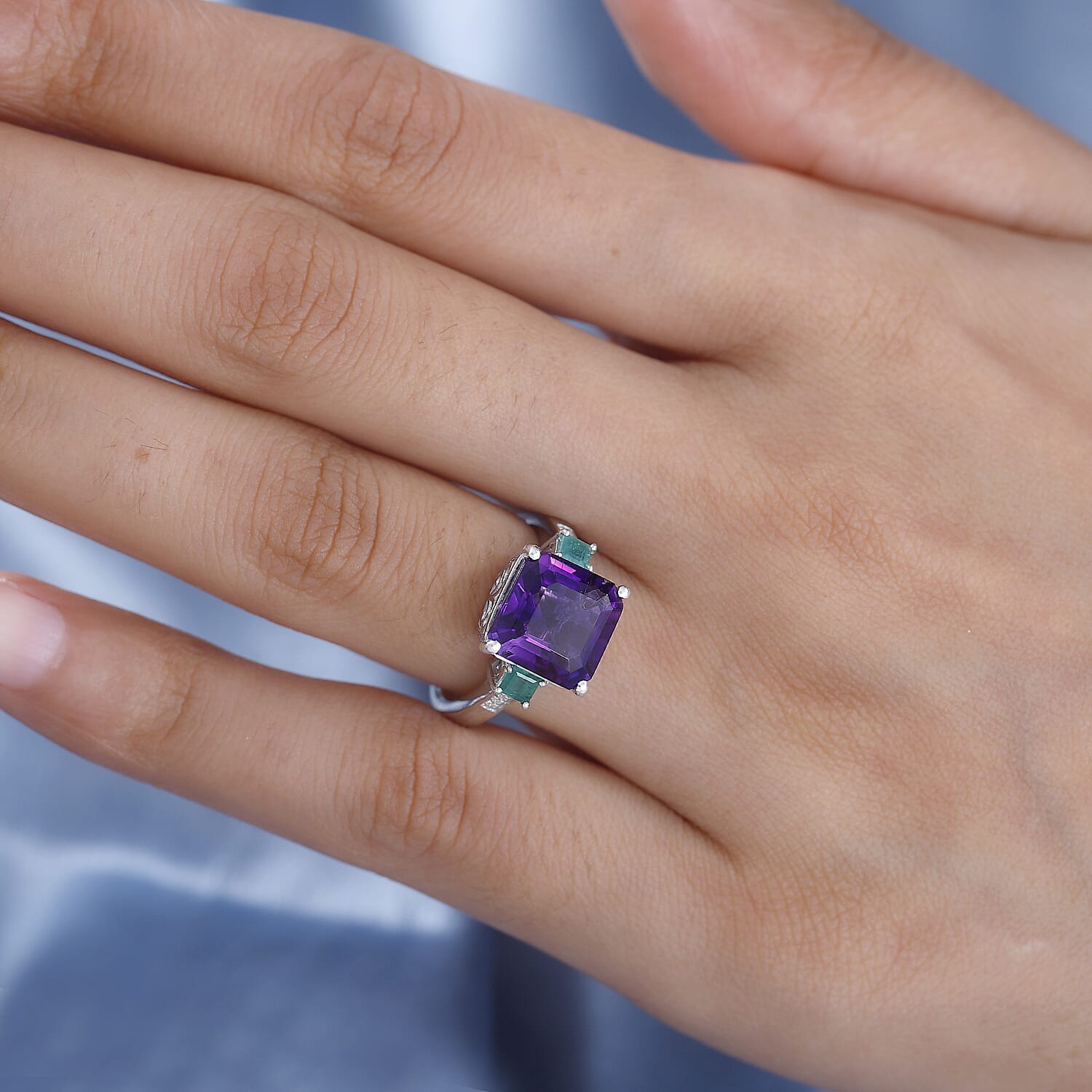 Moroccan Amethyst, Emerald & Moissanite Ring in Rhodium Overlay Sterling Silver