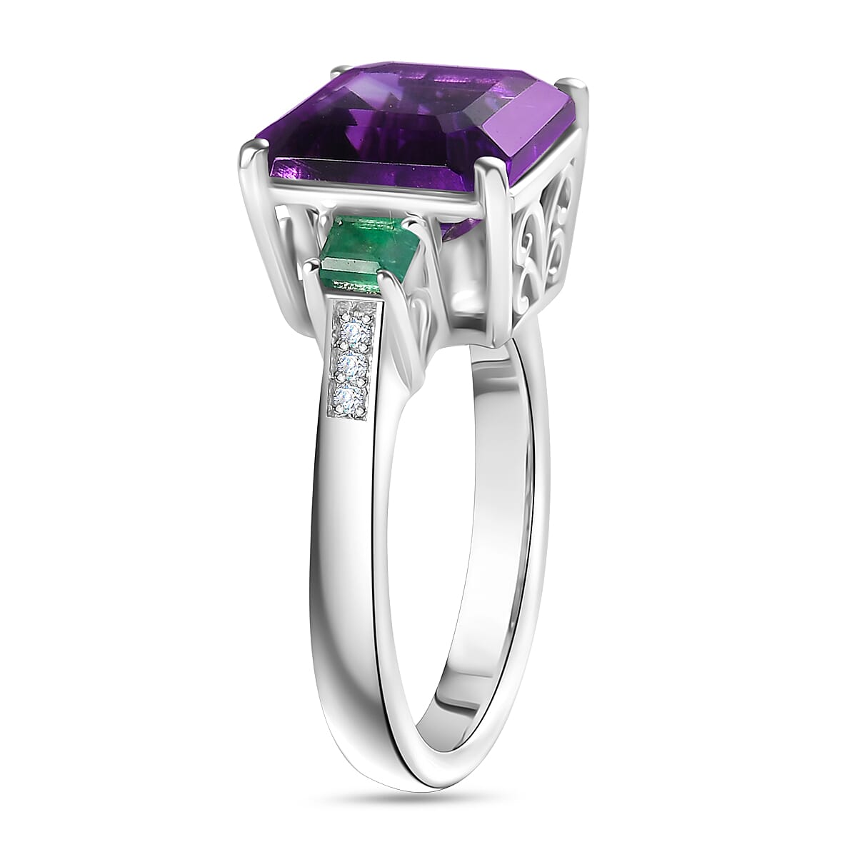Moroccan Amethyst, Emerald & Moissanite Ring in Rhodium Overlay Sterling Silver