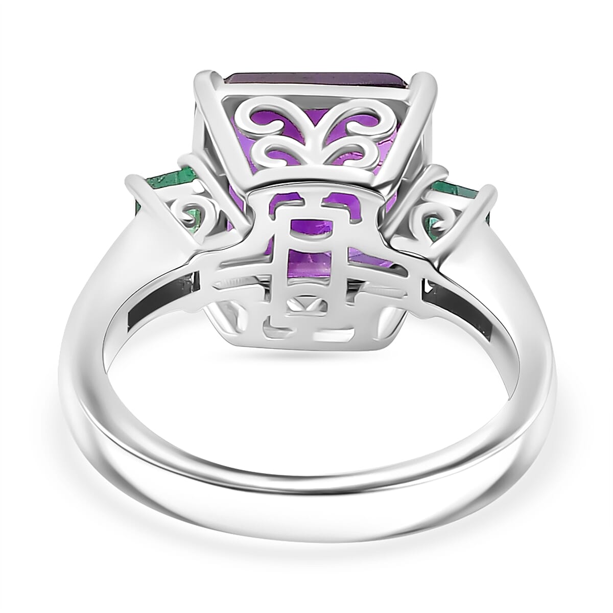 Moroccan Amethyst, Emerald & Moissanite Ring in Rhodium Overlay Sterling Silver