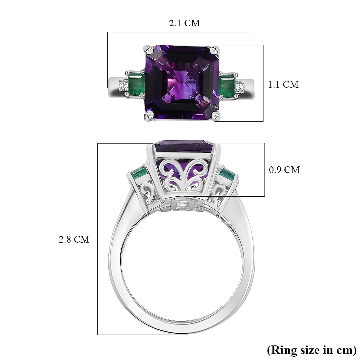 Moroccan Amethyst, Emerald & Moissanite Ring in Rhodium Overlay Sterling Silver