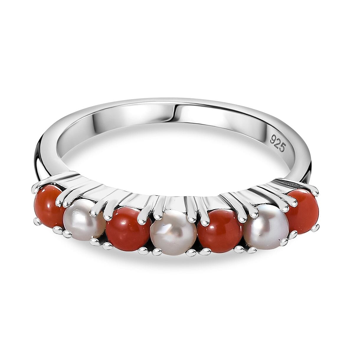 Natural Mediterranean Coral & Fresh Water Pearl Band Ring in Platinum Overlay Sterling Silver 1.04 Ct