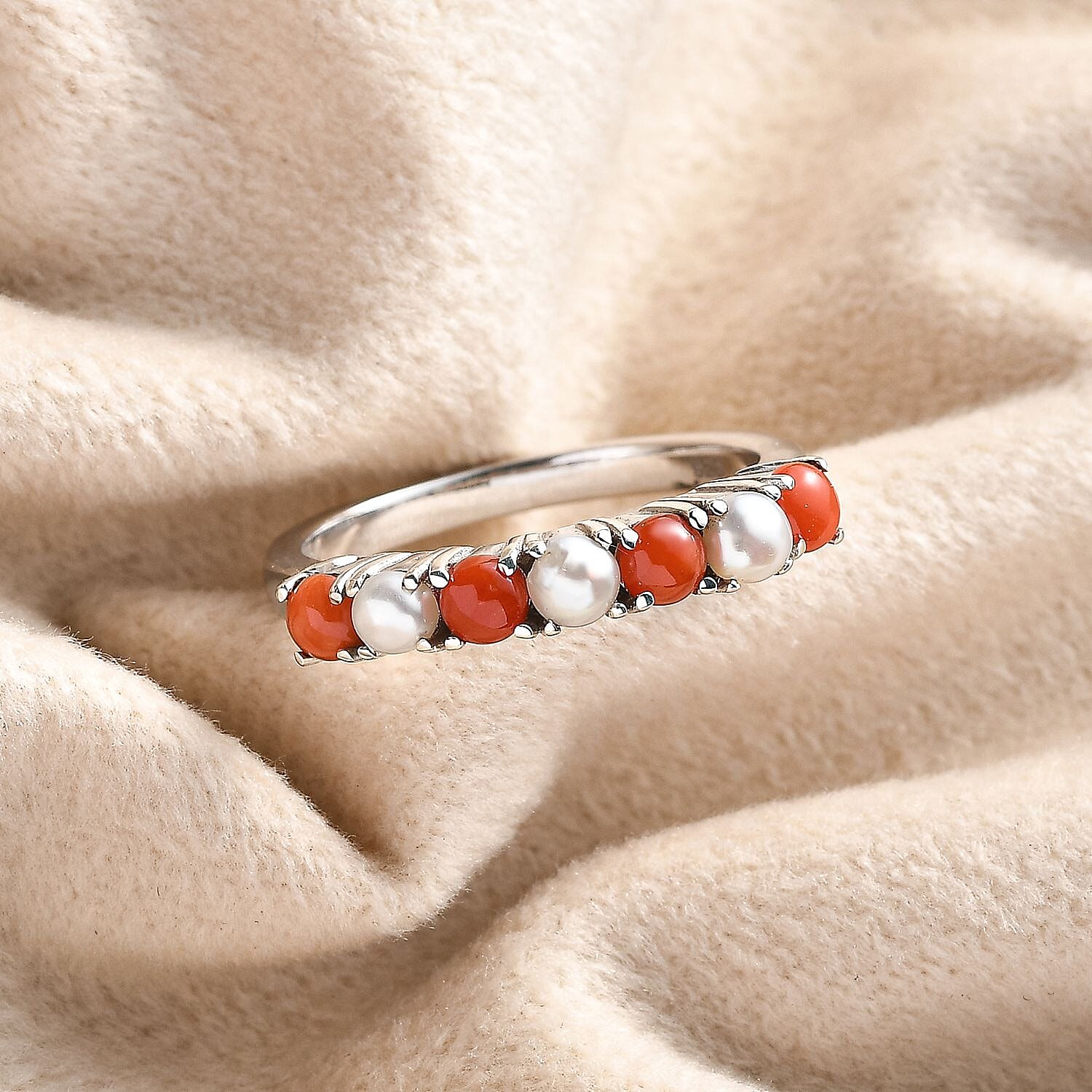 Natural Mediterranean Coral & Fresh Water Pearl Band Ring in Platinum Overlay Sterling Silver 1.04 Ct