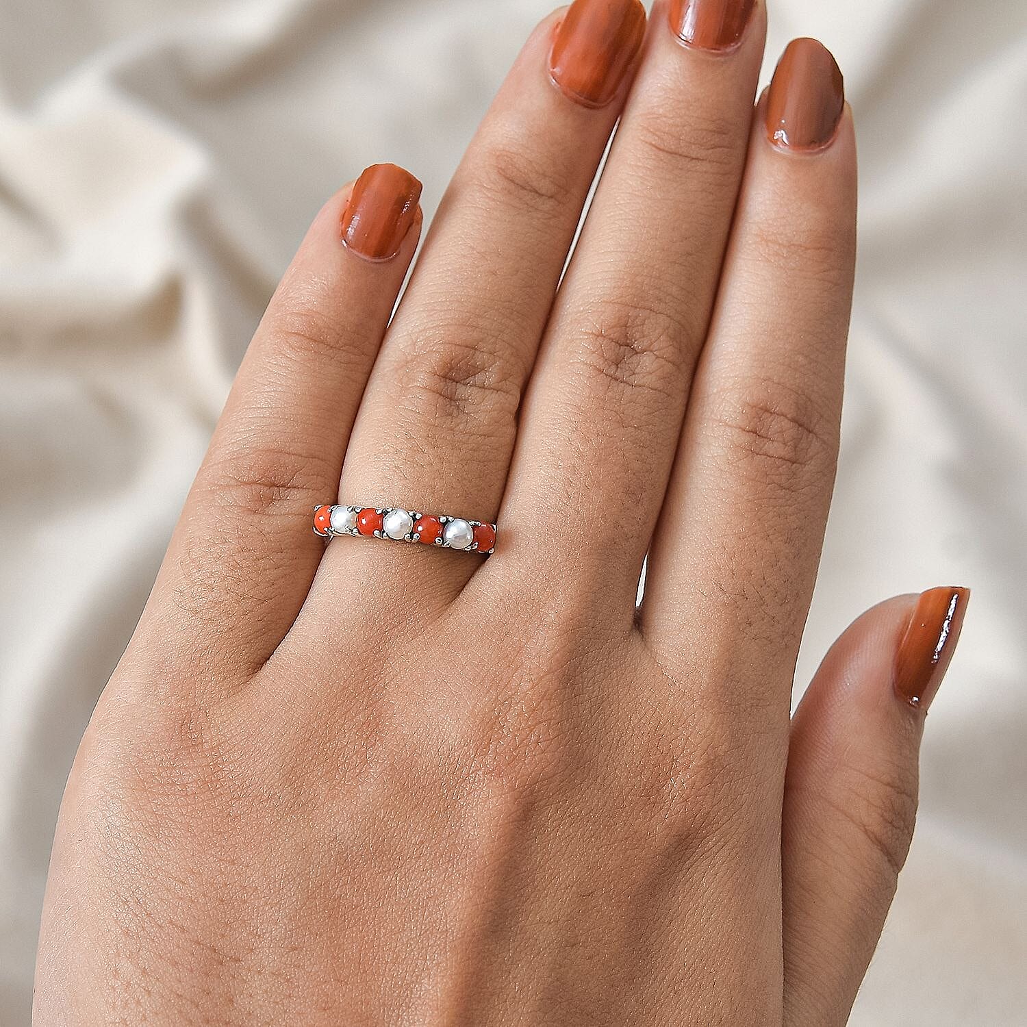 Natural Mediterranean Coral & Fresh Water Pearl Band Ring in Platinum Overlay Sterling Silver 1.04 Ct