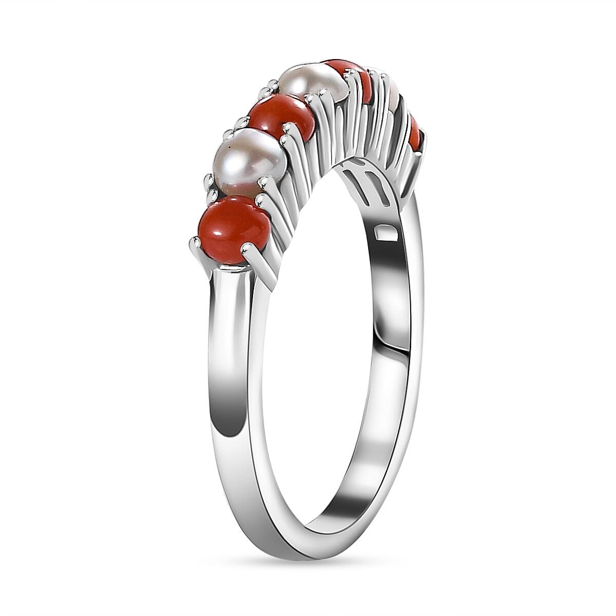 Natural Mediterranean Coral & Fresh Water Pearl Band Ring in Platinum Overlay Sterling Silver 1.04 Ct