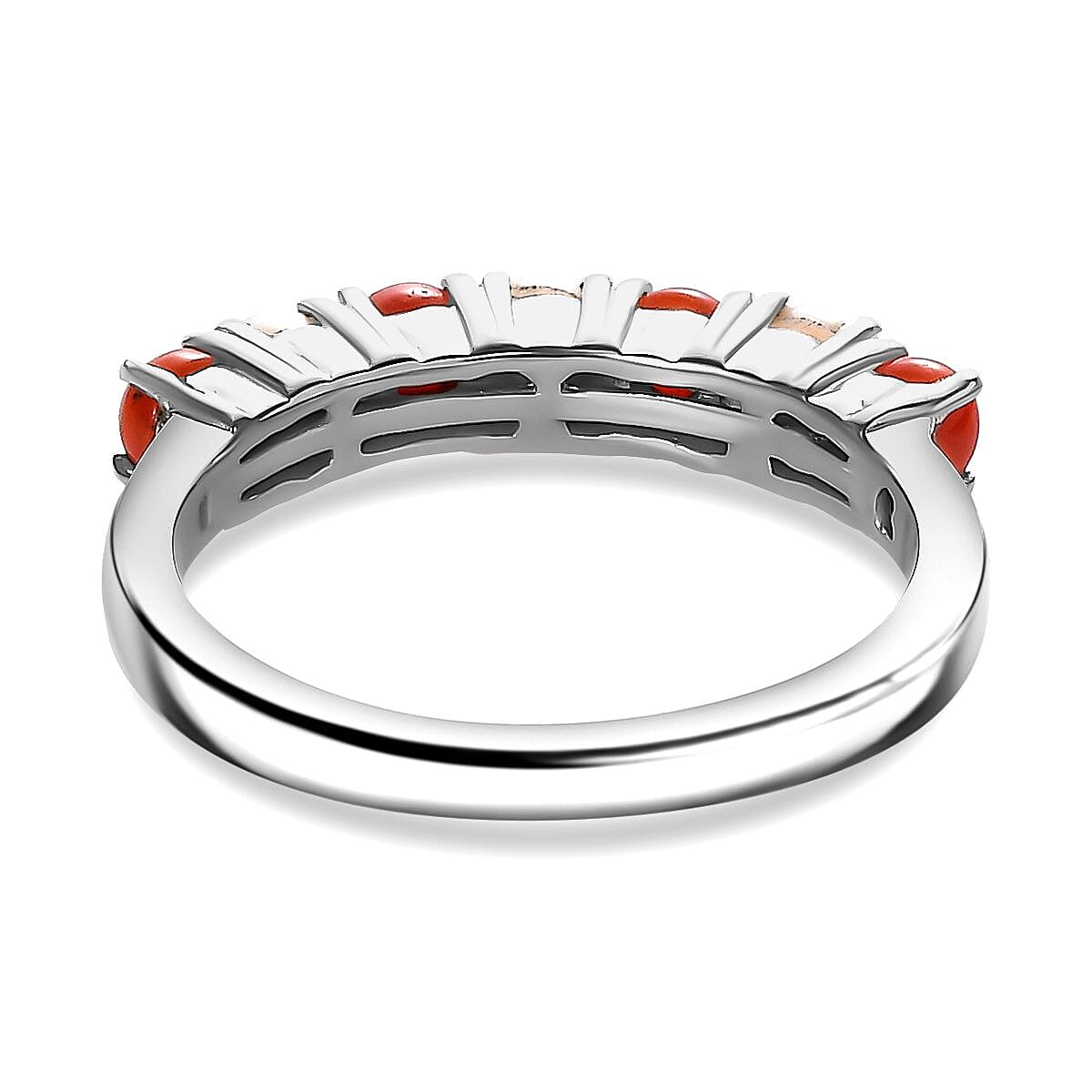 Natural Mediterranean Coral & Fresh Water Pearl Band Ring in Platinum Overlay Sterling Silver 1.04 Ct