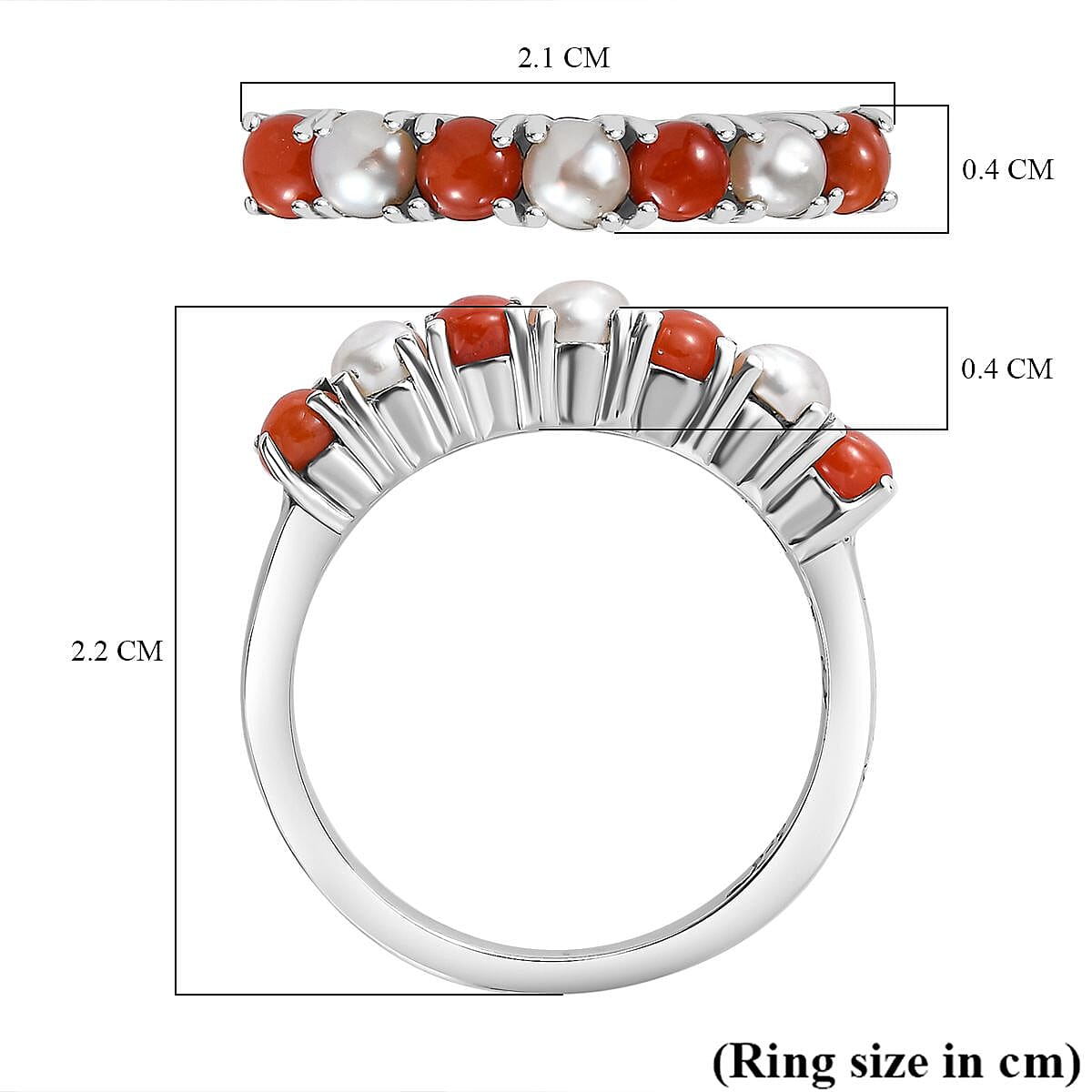 Natural Mediterranean Coral & Fresh Water Pearl Band Ring in Platinum Overlay Sterling Silver 1.04 Ct