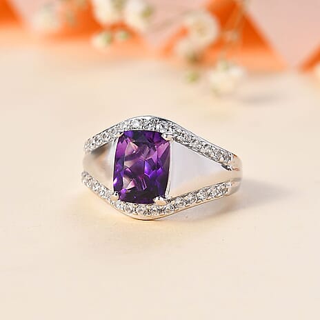 Moroccan Amethyst & Natural Zircon Ring in Rhodium Overlay Sterling Silver 2.72 Ct
