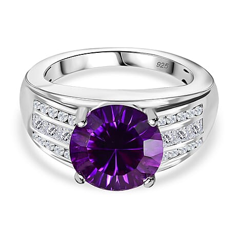 Moroccan Amethyst & Natural Zircon Ring in Rhodium Overlay Sterling Silver 4.04 Ct.