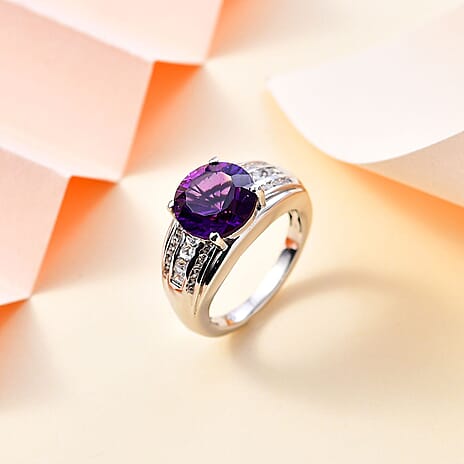 Moroccan Amethyst & Natural Zircon Ring in Rhodium Overlay Sterling Silver 4.04 Ct.