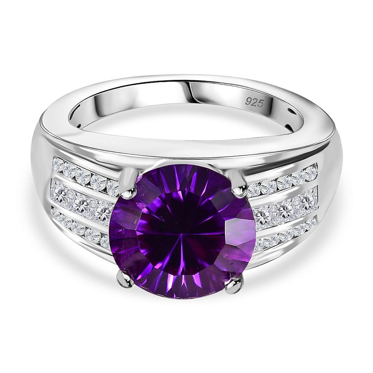 Moroccan Amethyst and Natural Zircon Ring in Rhodium Overlay Sterling Silver, Silver Wt. 6.15 Gms