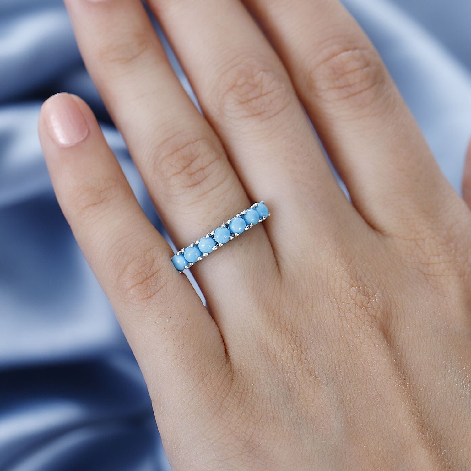 Arizona Sleeping Beauty Turquoise 7 Stone Ring in Platinum Overlay Sterling Silver 1.20 Ct