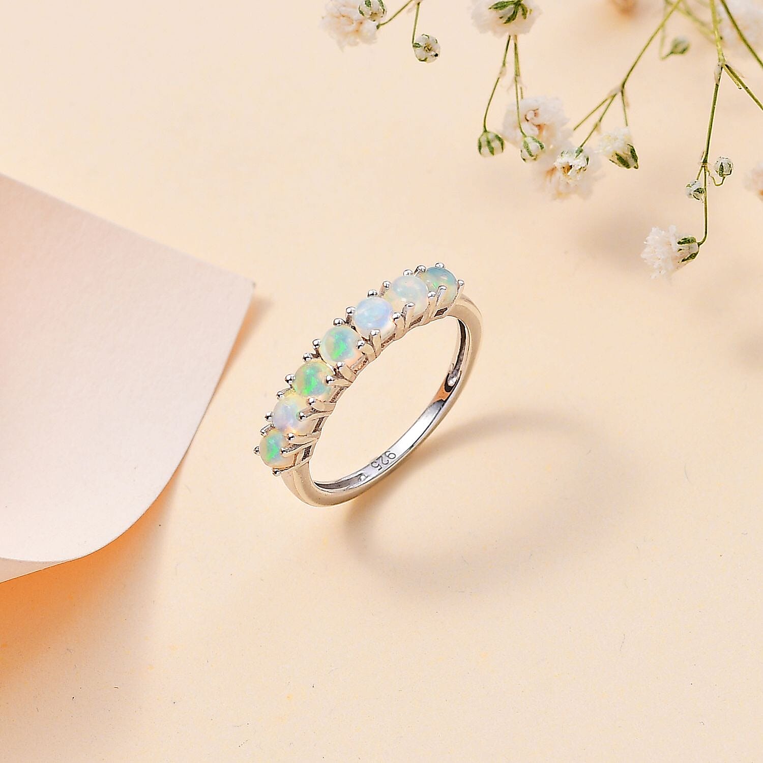 Ethiopian Welo Opal 7 Stone Ring in Platinum Overlay Sterling Silver