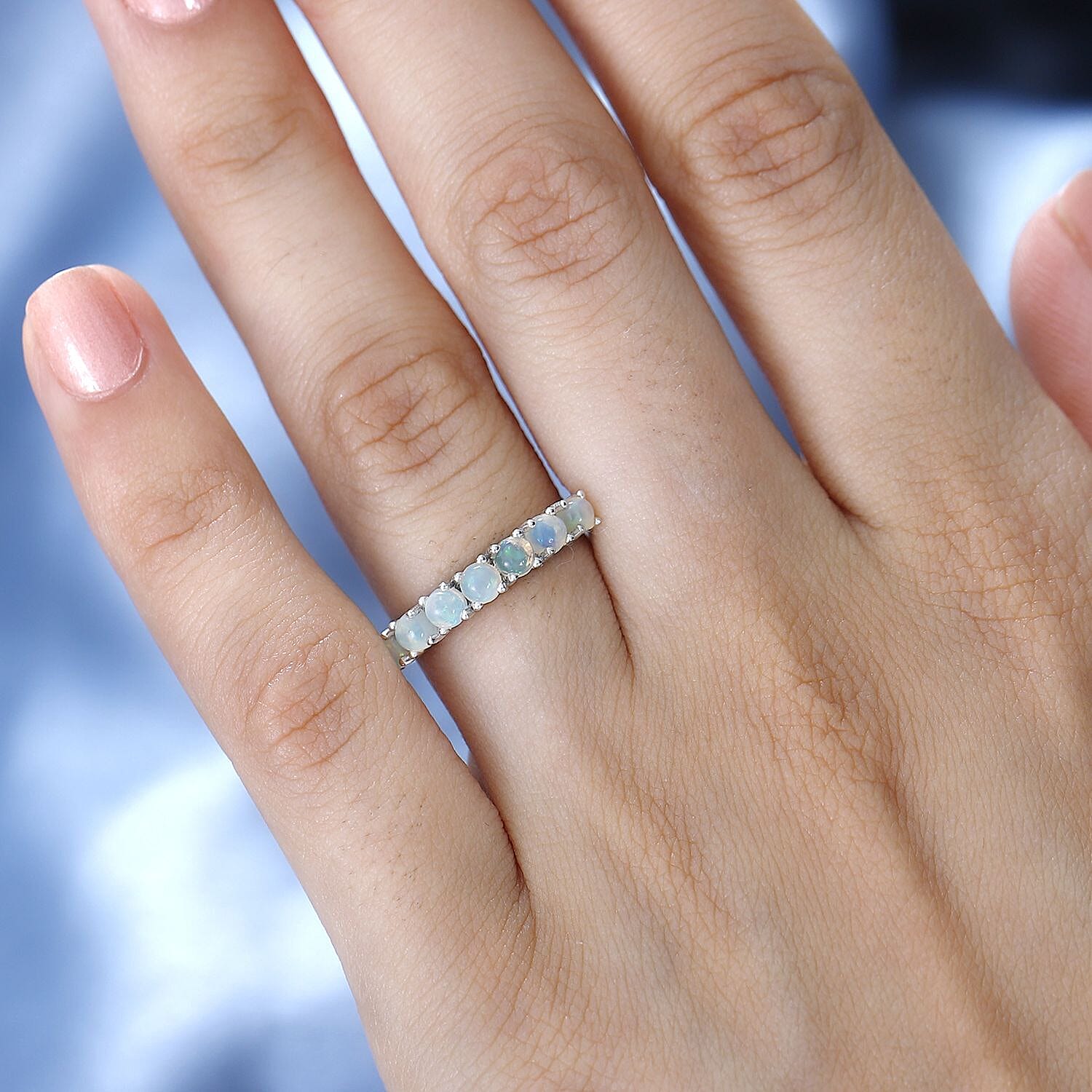 Ethiopian Welo Opal 7 Stone Ring in Platinum Overlay Sterling Silver