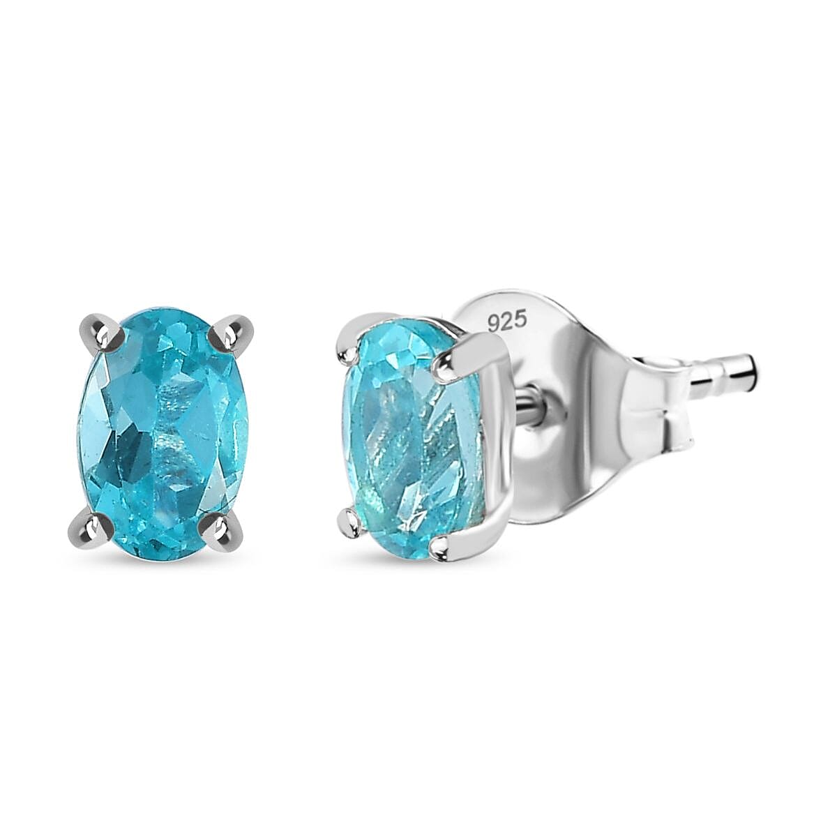 Blue Apatite Solitaire Stud Earrings in Platinum Overlay Sterling Silver 1.00 Ct.