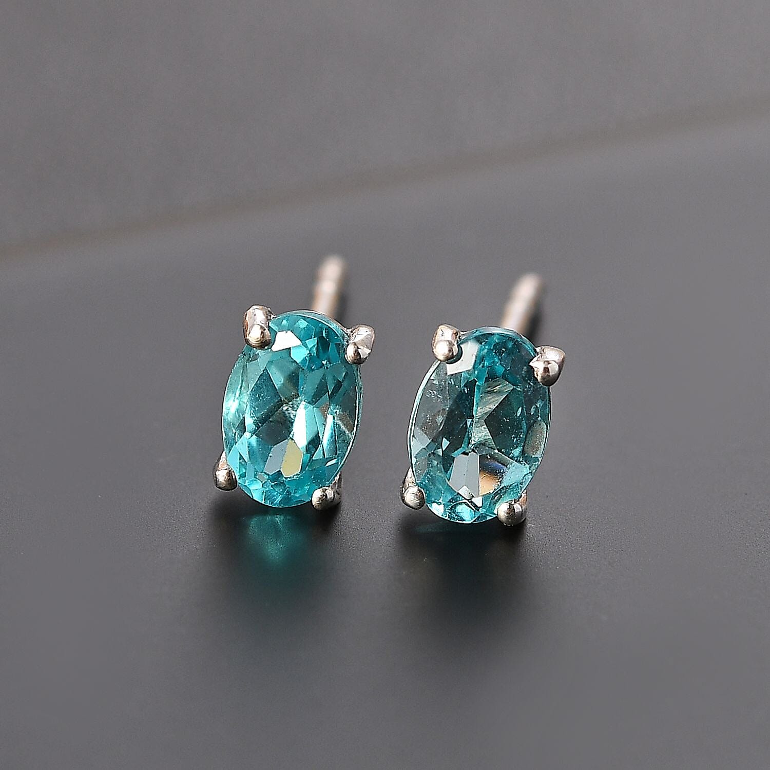 Blue Apatite Solitaire Stud Earrings in Platinum Overlay Sterling Silver 1.00 Ct.