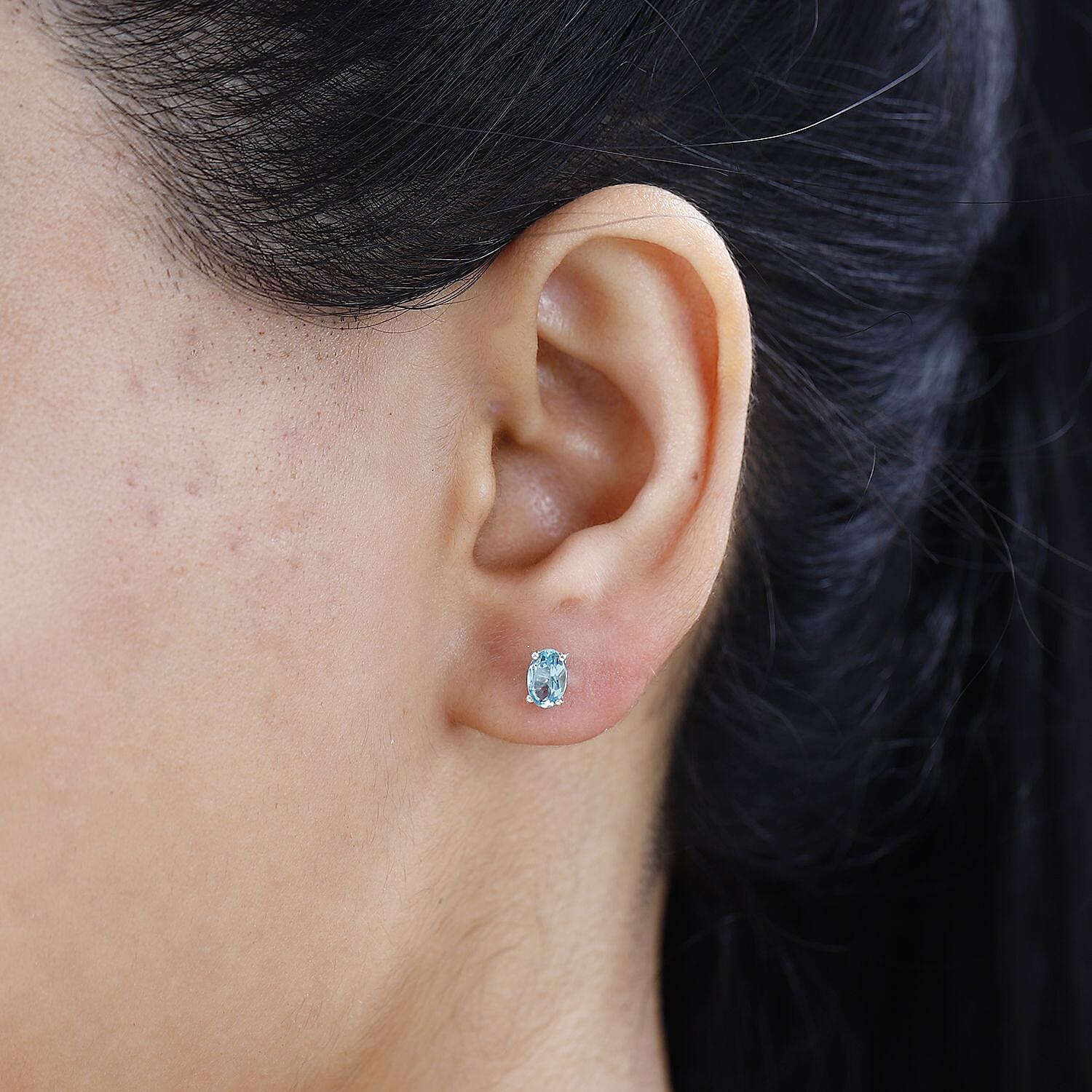 Blue Apatite Solitaire Stud Earrings in Platinum Overlay Sterling Silver 1.00 Ct.
