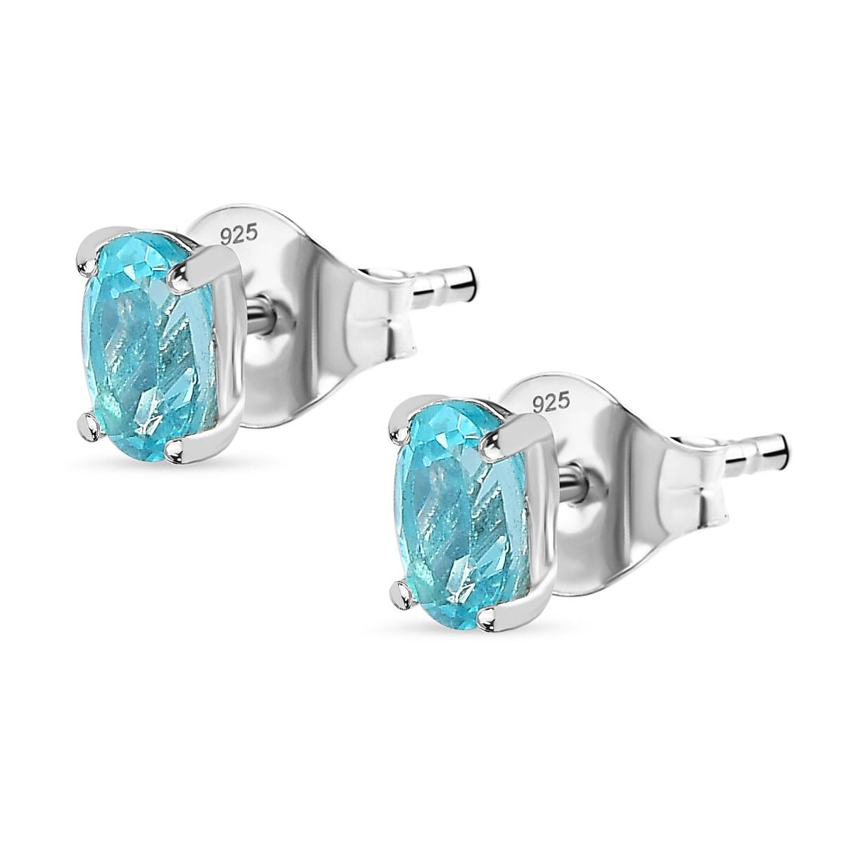 Blue Apatite Solitaire Stud Earrings in Platinum Overlay Sterling Silver 1.00 Ct.
