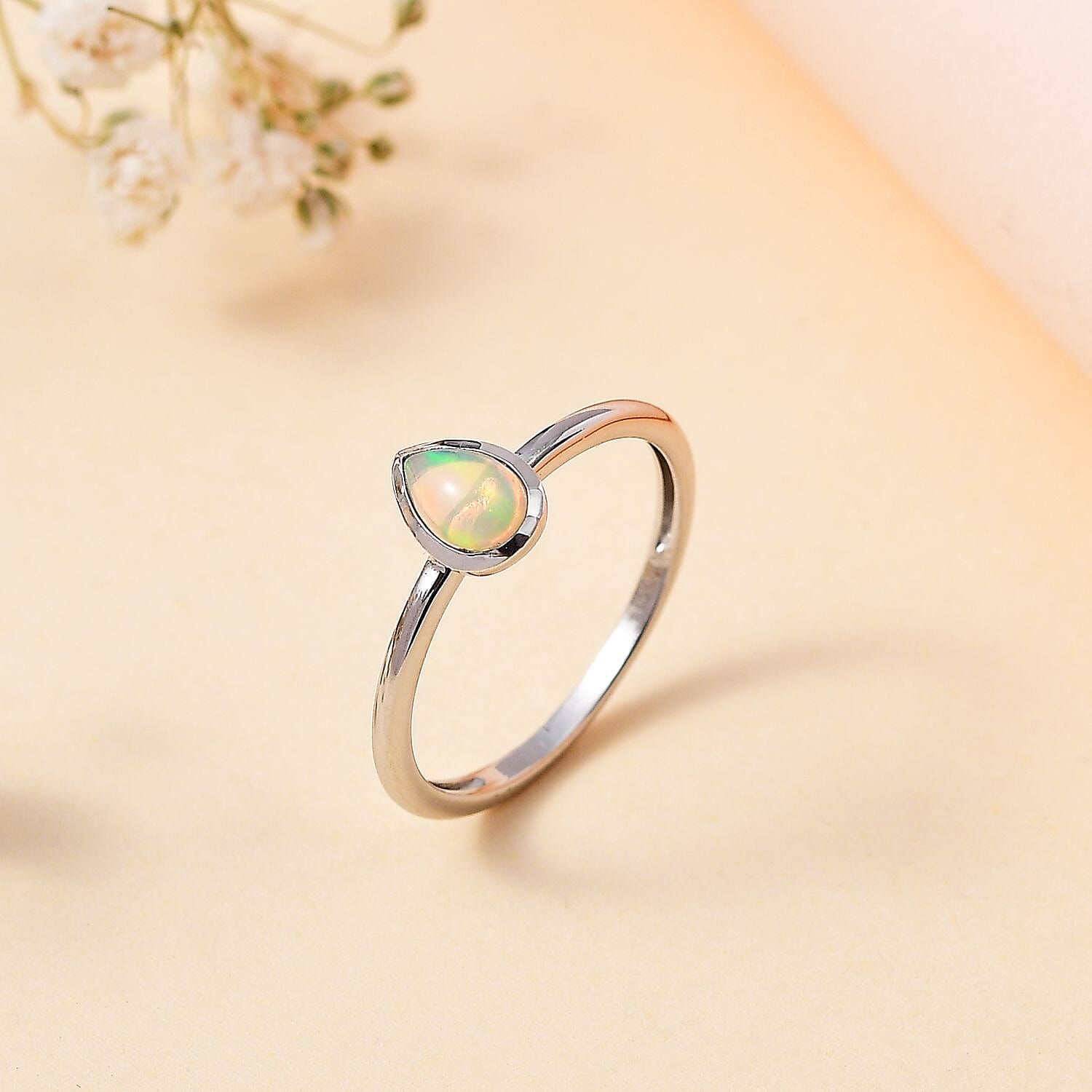 Natural Ethiopian Opal Solitaire Ring in Platinum Overlay Sterling Silver