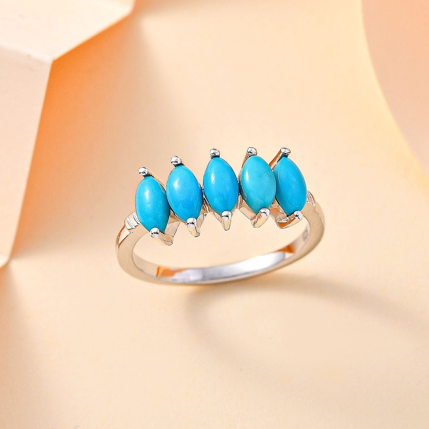 Arizona Sleeping Beauty Turquoise 5 Stone Ring in Platinum Overlay Sterling Silver 1.30 Ct