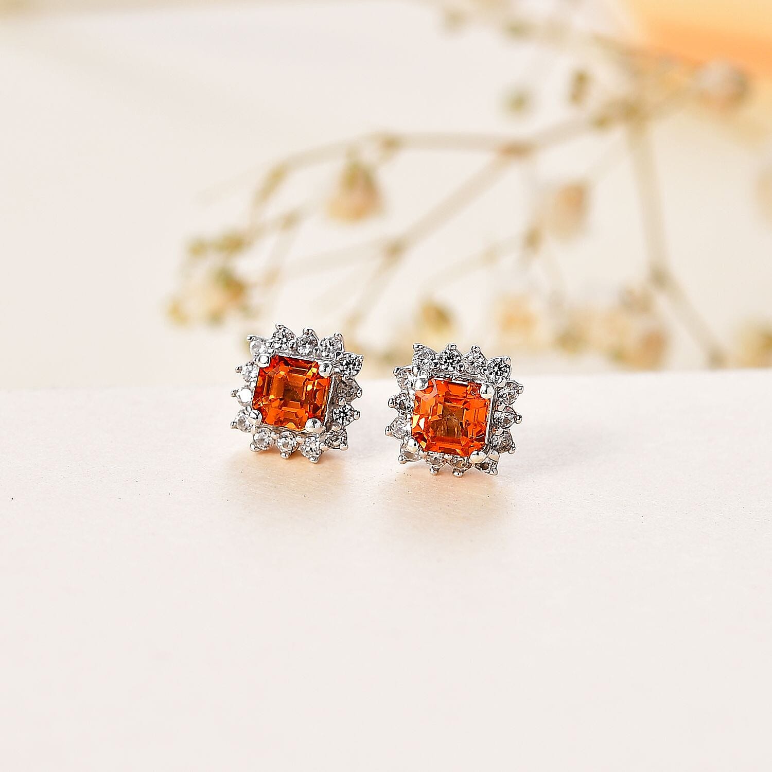 Orange Sapphire & White Zircon Dangling Earring in Rhodium Overlay Sterling Silver 1.26 ct