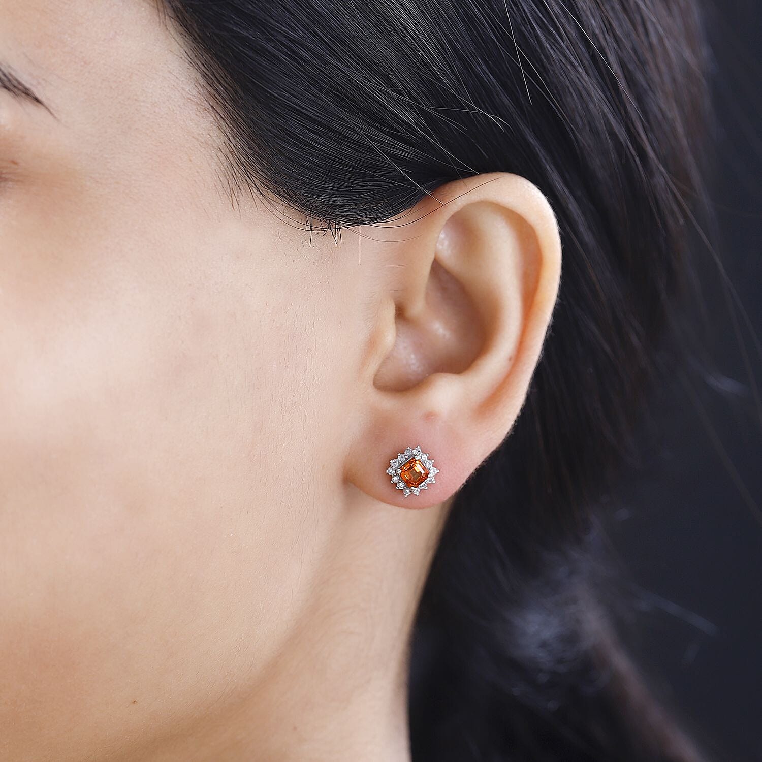 Orange Sapphire & White Zircon Dangling Earring in Rhodium Overlay Sterling Silver 1.26 ct