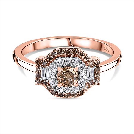 9K Rose Gold Certified Natural Champagne Diamond and Natural White Diamond Halo Ring 0.50 Cts