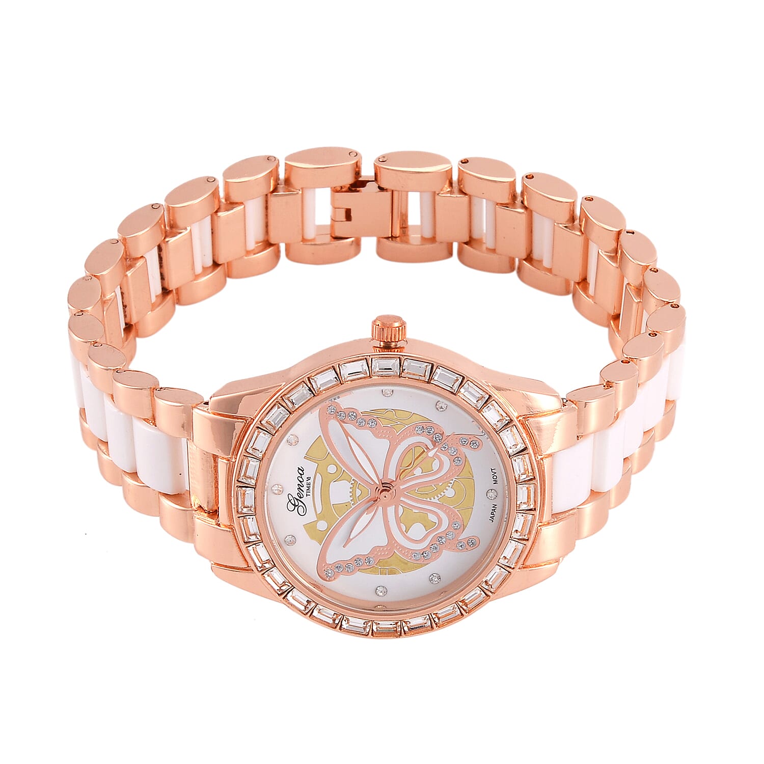 GENOA Japan Movt. 3ATM WR Crystal Studded Butterfly Pattern Watch with Stainless Steel Strap in Dual Tone