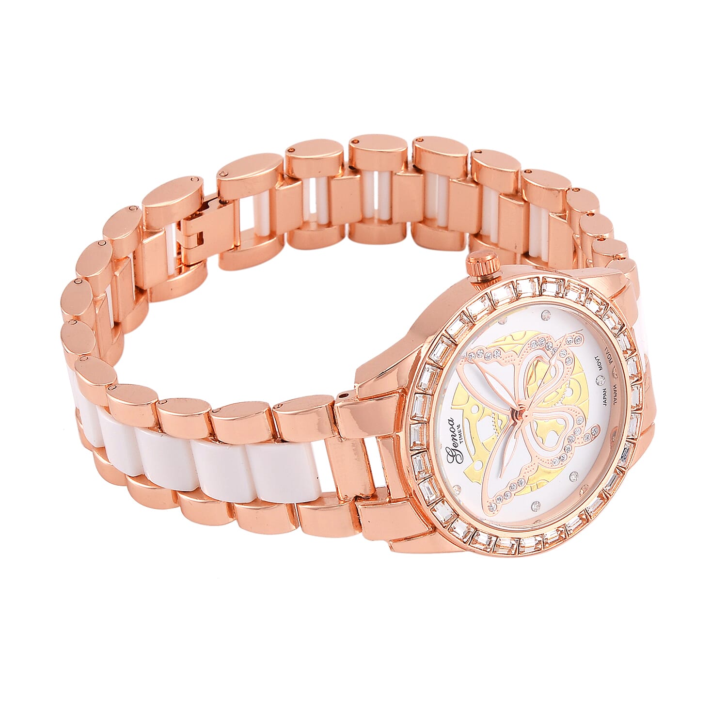 GENOA Japan Movt. 3ATM WR Crystal Studded Butterfly Pattern Watch with Stainless Steel Strap in Dual Tone