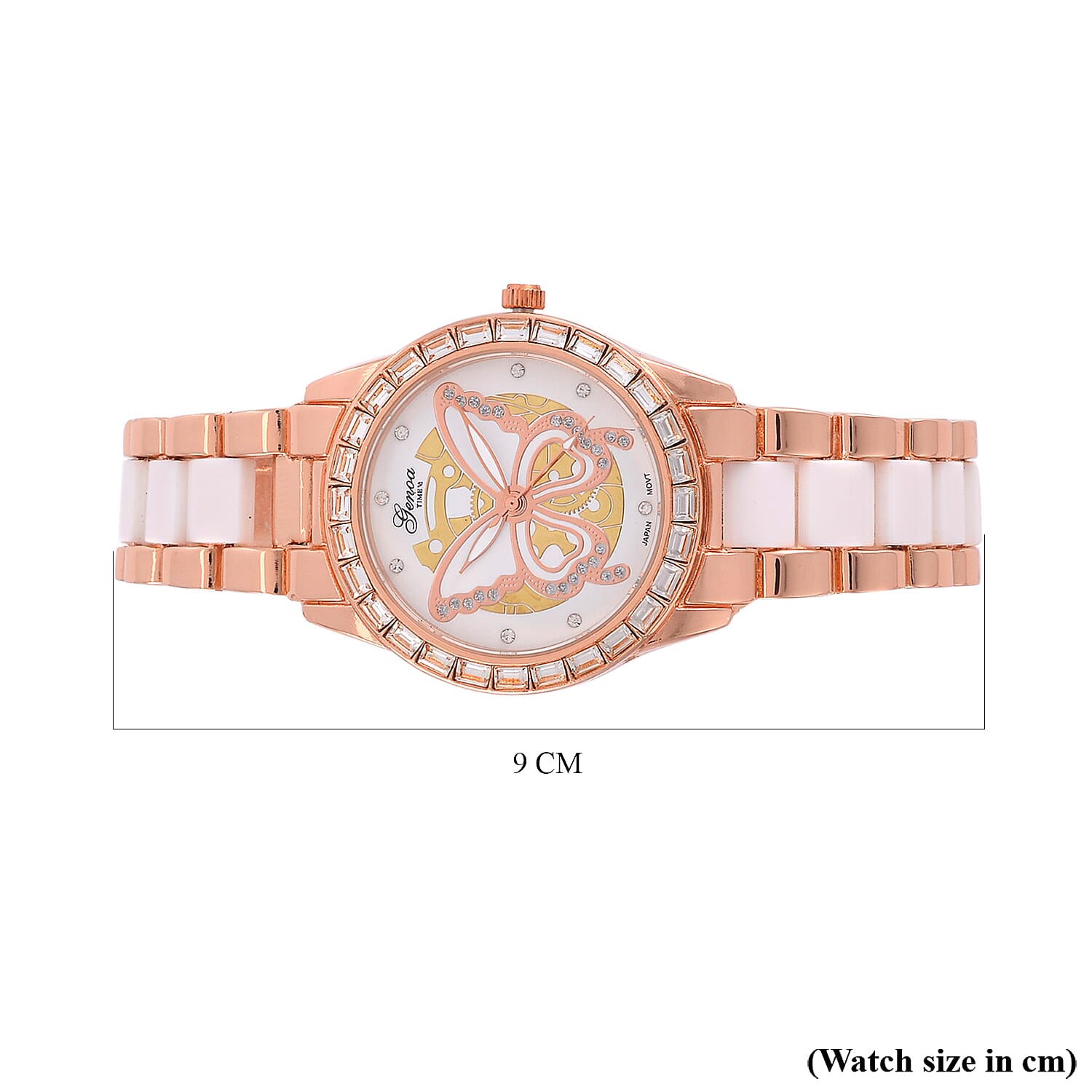 GENOA Japan Movt. 3ATM WR Crystal Studded Butterfly Pattern Watch with Stainless Steel Strap in Dual Tone