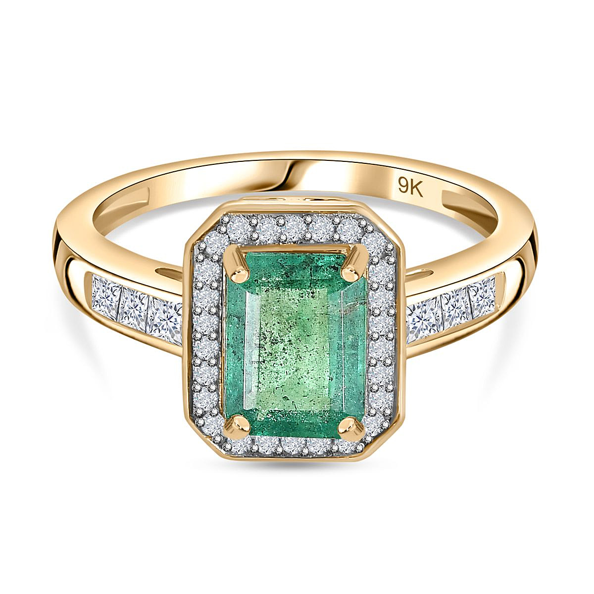 9K Yellow Gold  AAA   Emerald ,  Moissanite  Main Stone With Side Stone Ring 2.12 ct,  Gold Wt. 2.2 Gms  2.117  Ct.