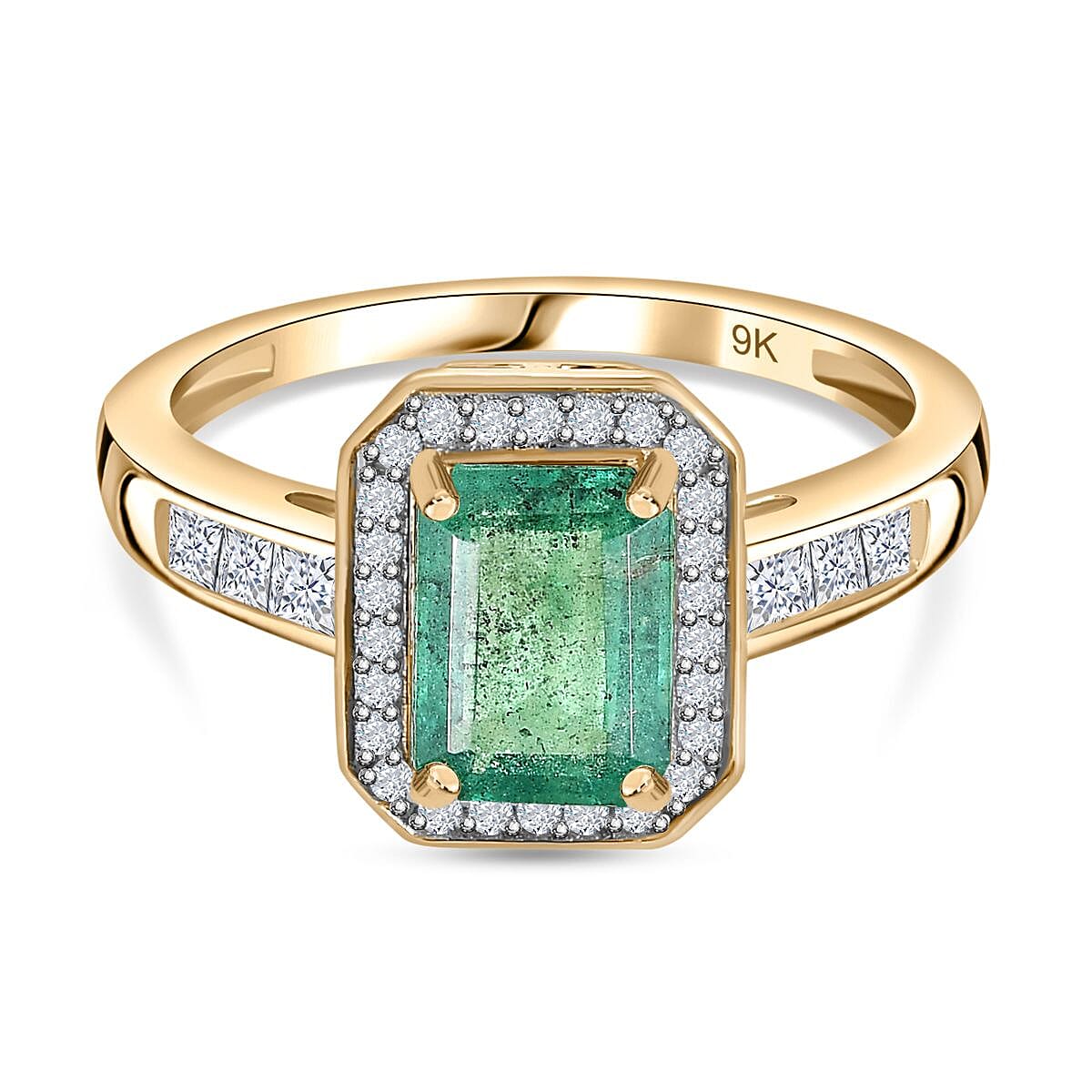 9K Yellow Gold AAA Gemfield Zambian Emerald & Moissanite Ring 2.12 Ct.